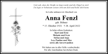 Traueranzeige von Anna Fenzel von Frankenpost