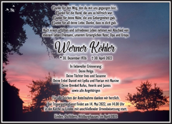 Traueranzeige von Werner Köhler von Südthüringer Presse