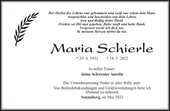Traueranzeige von Maria Schierle von Südthüringer Presse