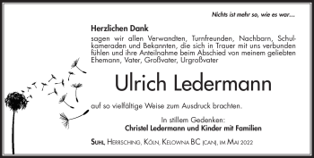 Traueranzeige von Ulrich Ledermann von Südthüringer Presse
