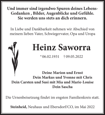 Traueranzeige von Heinz Saworra von Südthüringer Presse