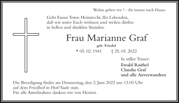 Traueranzeige von Marianne Graf von Frankenpost