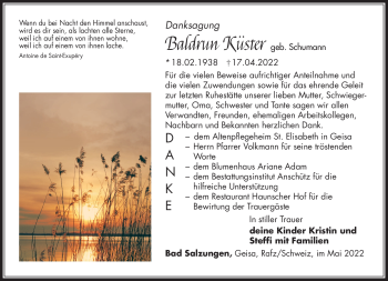Traueranzeige von Baldrun Küster von Südthüringer Presse