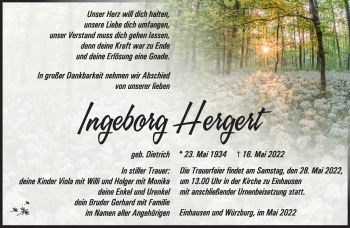 Traueranzeige von Ingeborg Hergert von Südthüringer Presse