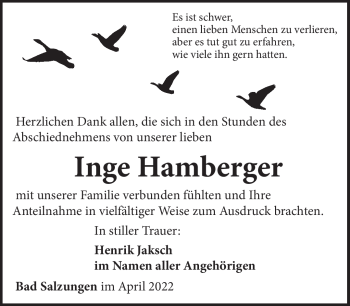 Traueranzeige von Inge Hamberger von Südthüringer Presse