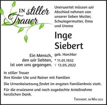 Traueranzeige von Inge Sieber von Südthüringer Presse