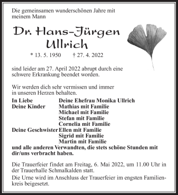 Traueranzeige von Hans-Jürgen Ullrich von Südthüringer Presse
