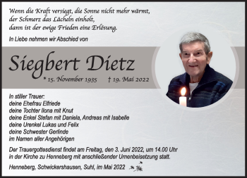 Traueranzeige von Siegbert Dietz von Südthüringer Presse