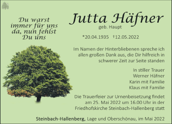 Traueranzeige von Jutta Häfner von Südthüringer Presse