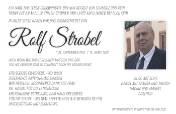 Traueranzeige von Rolf Strobel von Südthüringer Presse