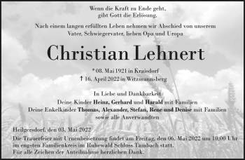 Traueranzeige von Christian Lehnert von Neue Presse Coburg