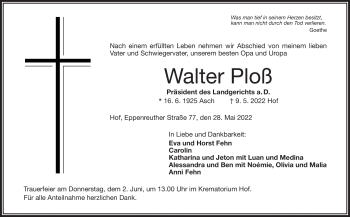 Traueranzeige von Walter Ploß von Frankenpost