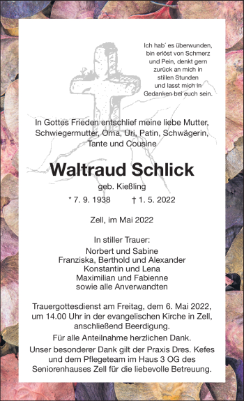 Traueranzeige von Waltraud Schlick von Frankenpost