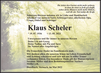 Traueranzeige von Klaus Scheler von Südthüringer Presse