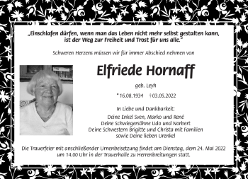 Traueranzeige von Elfriede Hornaff von Südthüringer Presse