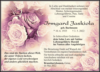 Traueranzeige von Irmgard Jaskiola von Südthüringer Presse