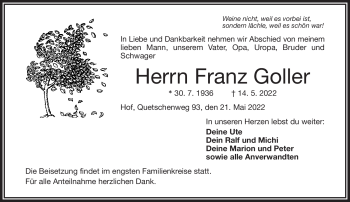 Traueranzeige von Franz Goller von Frankenpost