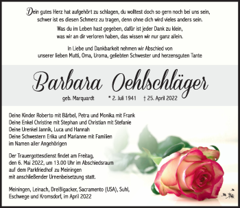 Traueranzeige von Barbara Oehlschläger von Südthüringer Presse