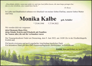 Traueranzeige von Monika Kalbe von Südthüringer Presse