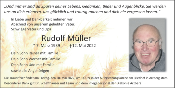 Traueranzeige von Rudolf Müller von Frankenpost