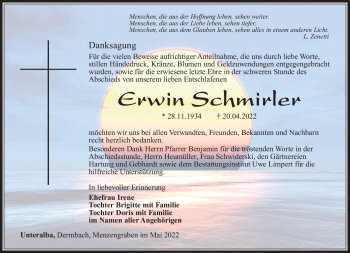 Traueranzeige von Erwin Schmirler von Südthüringer Presse