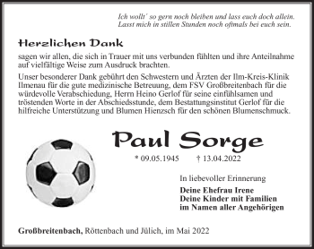 Traueranzeige von Paul Sorge von Südthüringer Presse