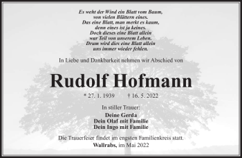 Traueranzeige von Rudolf Hofmann von Südthüringer Presse