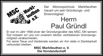 Traueranzeige von Paul Gründl von Frankenpost