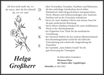 Traueranzeige von Helga Großherr von Südthüringer Presse