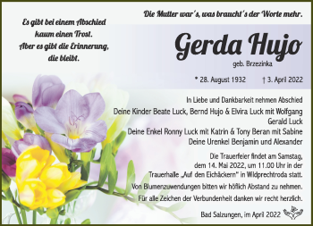 Traueranzeige von Gerda Hujo von Südthüringer Presse
