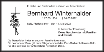Traueranzeige von Bernhard Winterhalder von Frankenpost