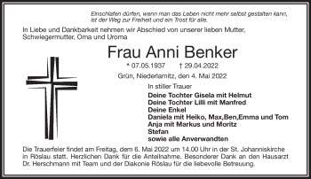 Traueranzeige von Anni Benker von Frankenpost