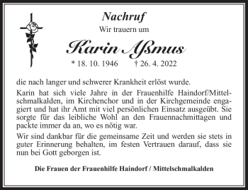 Traueranzeige von Karin Aßmus von Südthüringer Presse