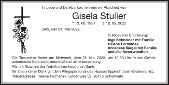 Traueranzeige von Gisela Stulier von Frankenpost