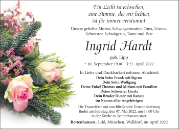 Traueranzeige von Ingrid Hardt von Südthüringer Presse