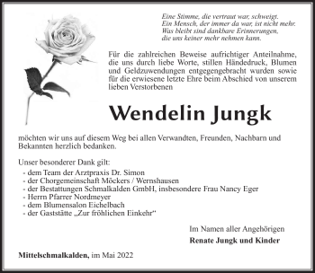 Traueranzeige von Wendelin Jungk von Südthüringer Presse