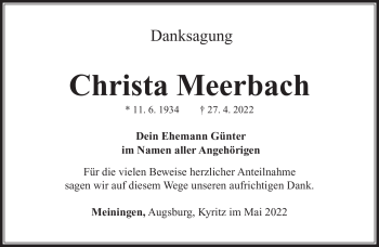 Traueranzeige von Christa Meerbach von Südthüringer Presse