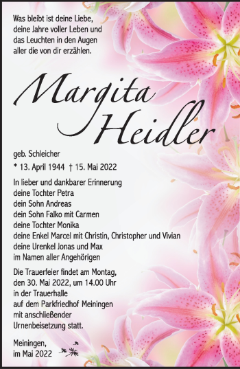 Traueranzeige von Margita Heidler von Südthüringer Presse