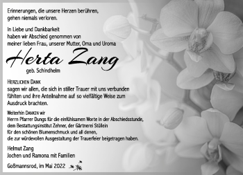 Traueranzeige von Herta Zang von Südthüringer Presse