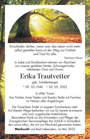 Traueranzeige von Erika Trautvetter von Südthüringer Presse