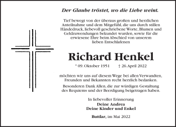 Traueranzeige von Richard Henkel von Südthüringer Presse