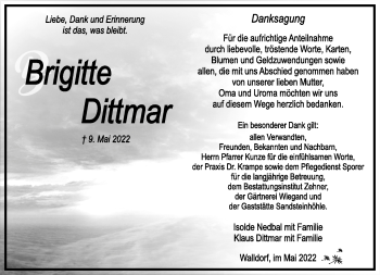 Traueranzeige von Brigitte Dittmar von Südthüringer Presse