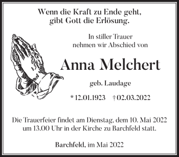 Traueranzeige von Anna Melchert von Südthüringer Presse