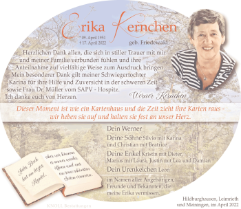 Traueranzeige von Erika Kernchen von Südthüringer Presse