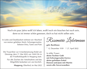 Traueranzeige von Rosemarie Liebermann von Südthüringer Presse