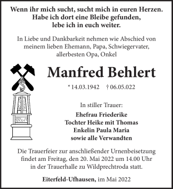 Traueranzeige von Manfred Behlert von Südthüringer Presse