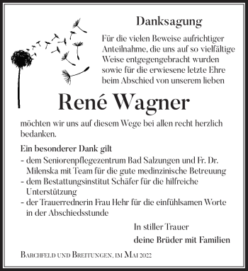 Traueranzeige von René Wagner von Südthüringer Presse