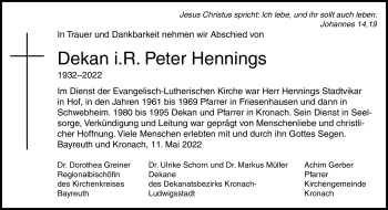 Traueranzeige von Peter Hennings von Neue Presse Coburg