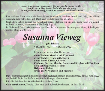 Traueranzeige von Susanna Vieweg von Südthüringer Presse