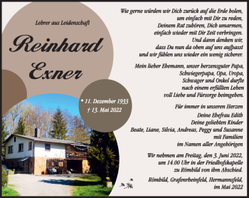 Traueranzeige von Reinhard Exner von Südthüringer Presse